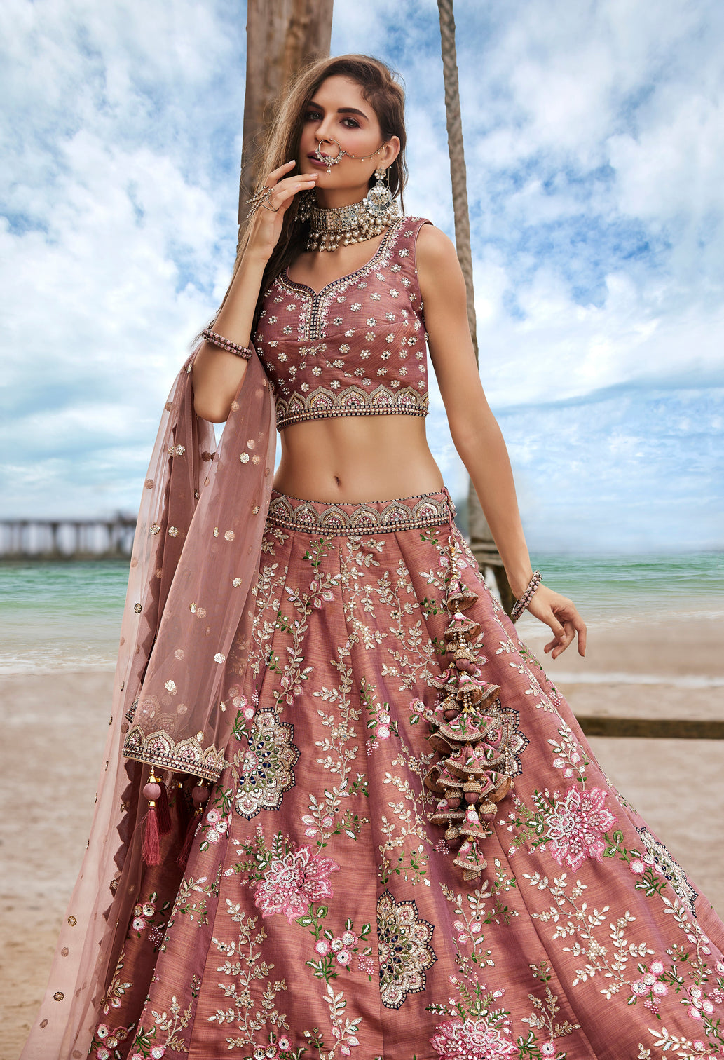 Rose Gold Net Sequins, Moti, Mirror and thread embroidery Semi-Stitched Lehenga choli & Dupatta