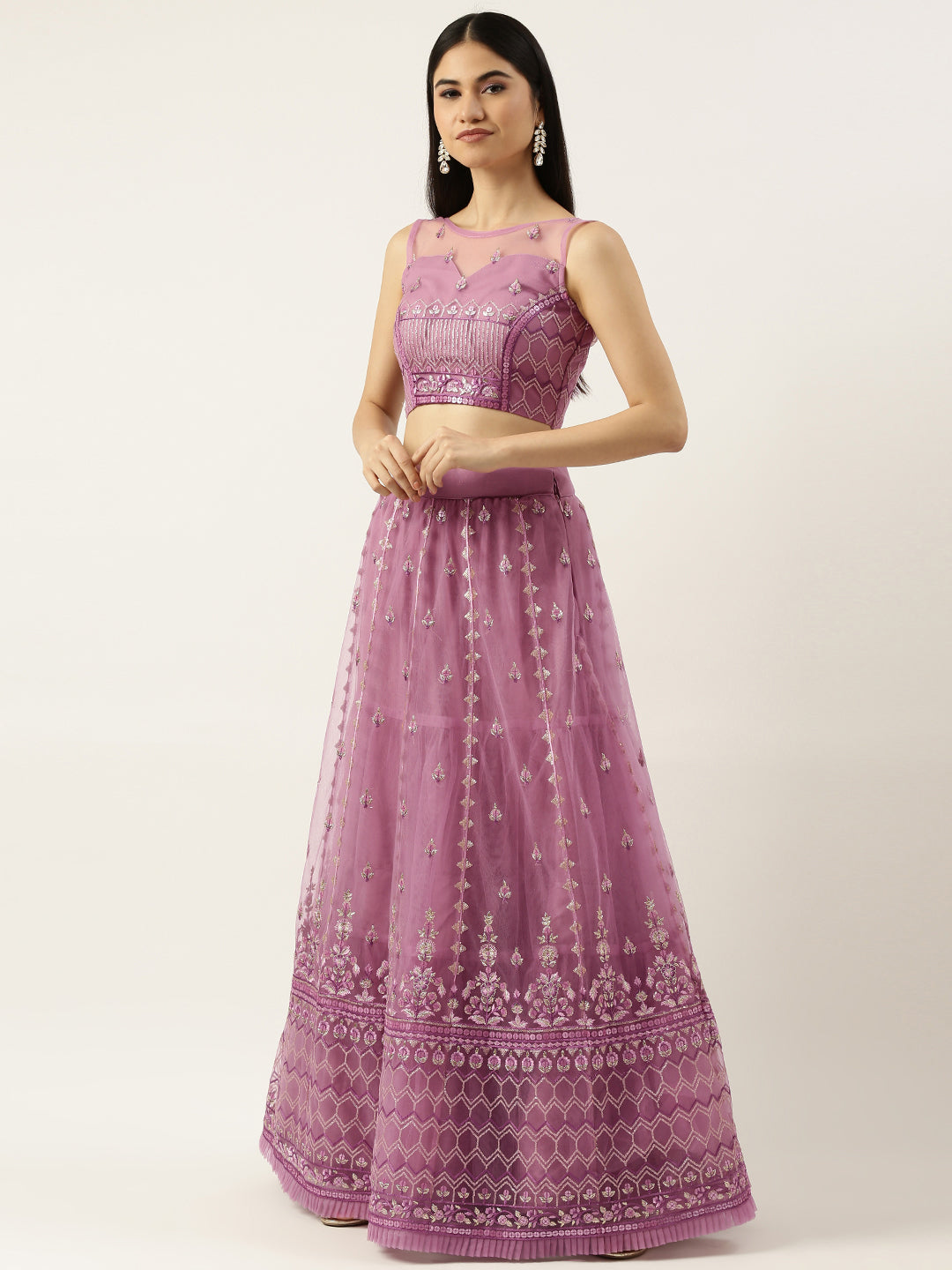 Rose Gold Net Sequinse Work Semi-Stitched Lehenga & Unstitched Blouse, Dupatta