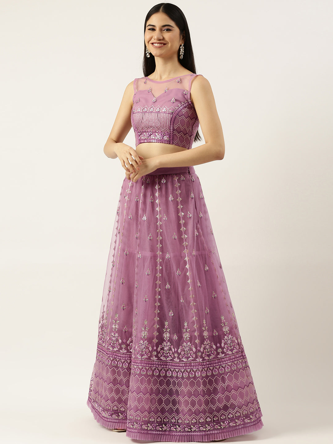 Rose Gold Net Sequinse Work Semi-Stitched Lehenga & Unstitched Blouse, Dupatta