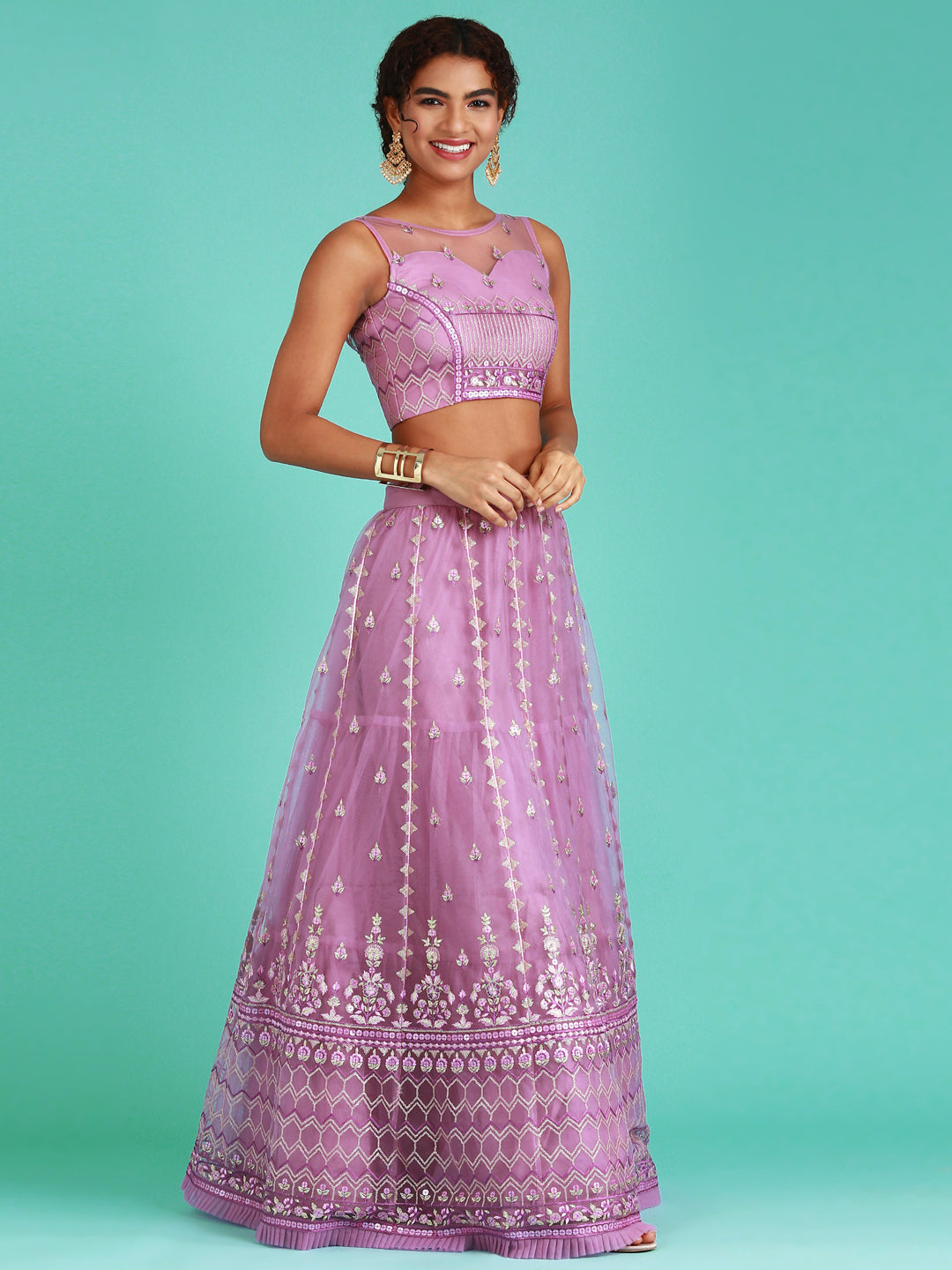 Rose Gold Net Sequinse Work Semi-Stitched Lehenga & Unstitched Blouse, Dupatta