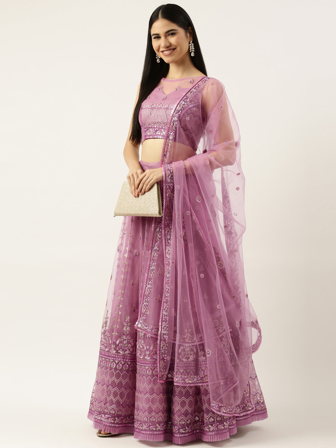 Rose Gold Net Sequinse Work Semi-Stitched Lehenga & Unstitched Blouse, Dupatta