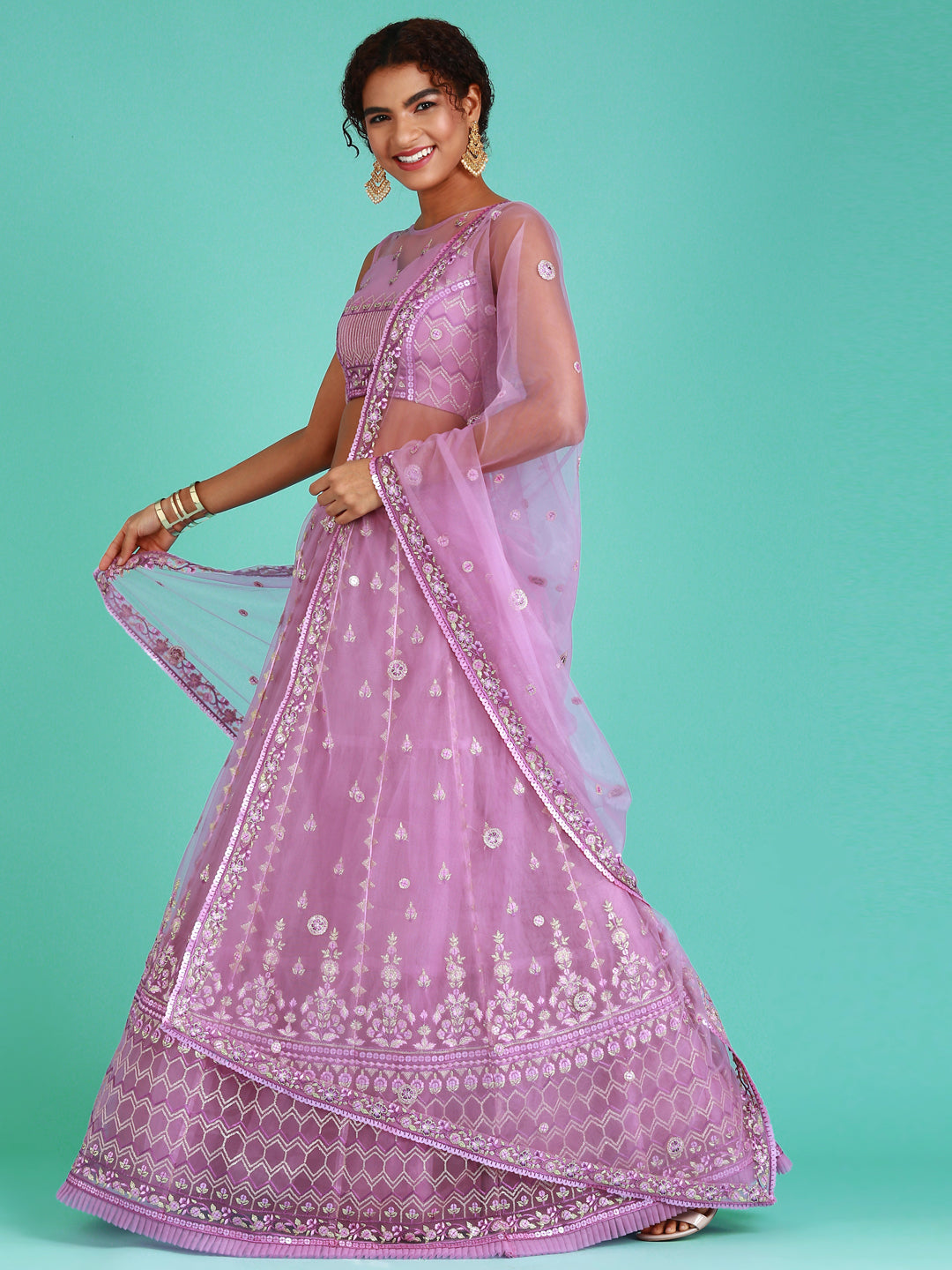 Rose Gold Net Sequinse Work Semi-Stitched Lehenga & Unstitched Blouse, Dupatta