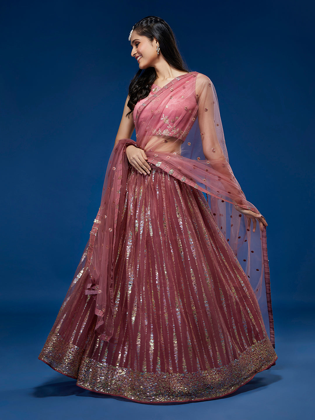 Rose Gold Net Sequinse Work Semi-Stitched Lehenga & Unstitched Blouse, Dupatta