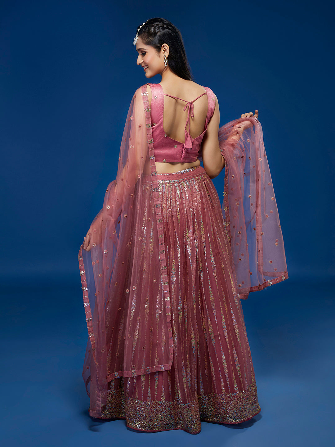 Rose Gold Net Sequinse Work Semi-Stitched Lehenga & Unstitched Blouse, Dupatta