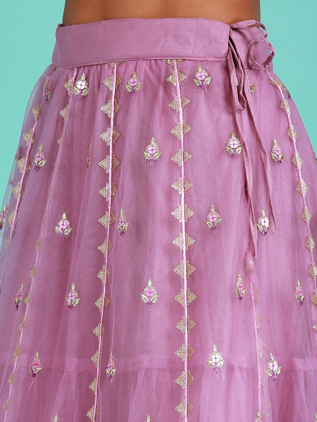 Rose Gold Net Sequinse Work Semi-Stitched Lehenga & Unstitched Blouse, Dupatta