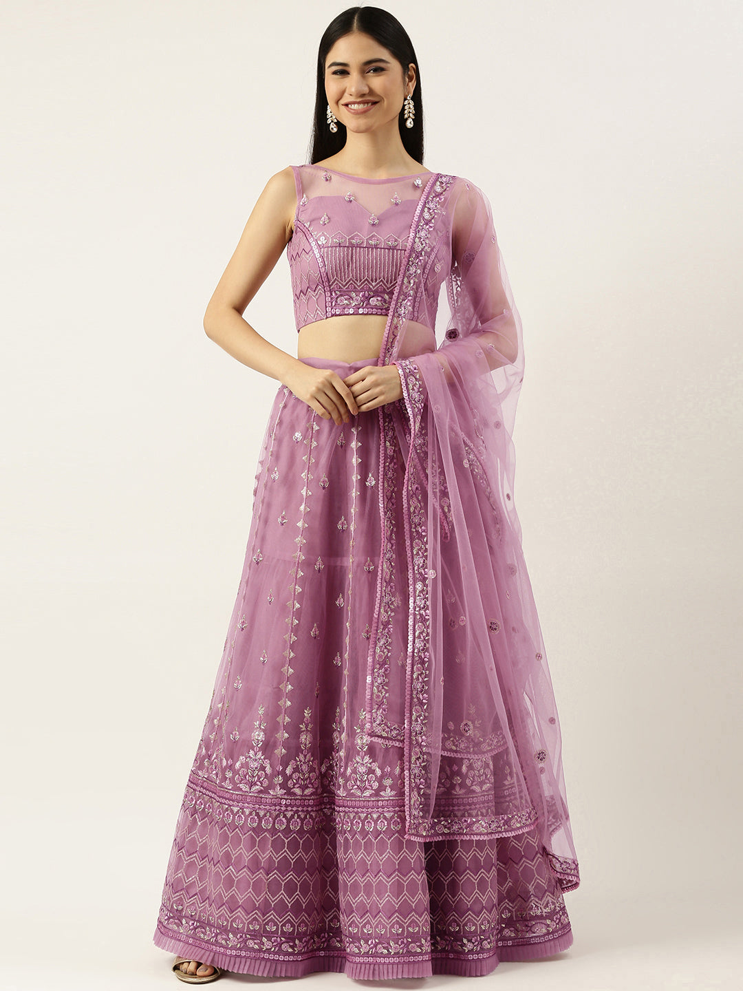 Rose Gold Net Sequinse Work Semi-Stitched Lehenga & Unstitched Blouse, Dupatta