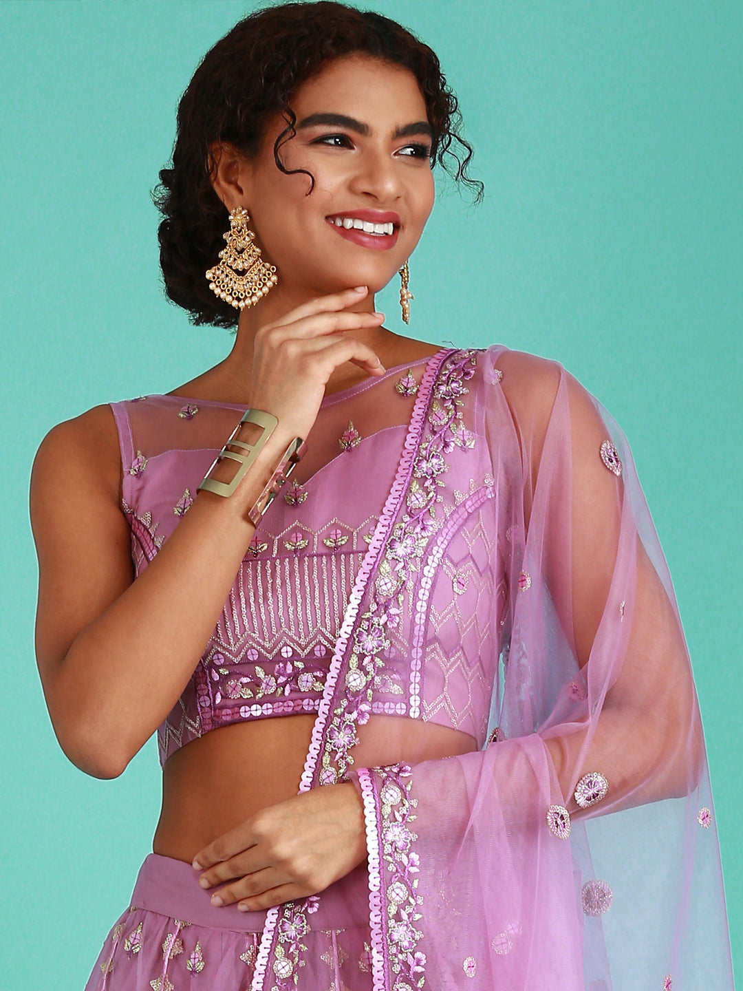 Rose Gold Net Sequinse Work Semi-Stitched Lehenga & Unstitched Blouse, Dupatta