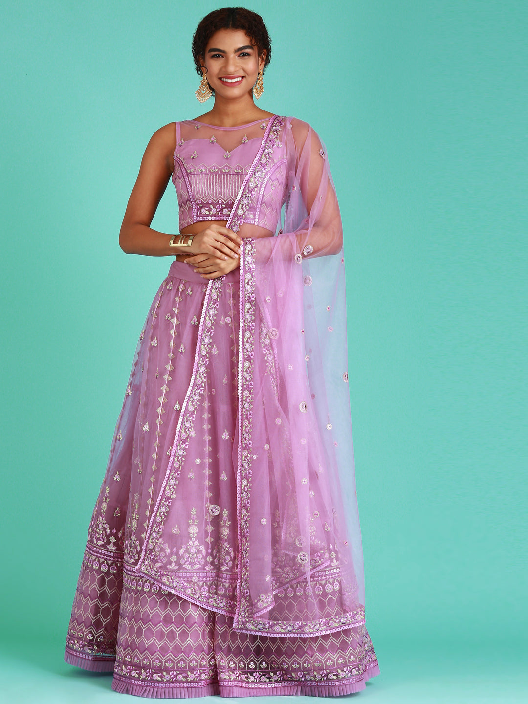 Rose Gold Net Sequinse Work Semi-Stitched Lehenga & Unstitched Blouse, Dupatta