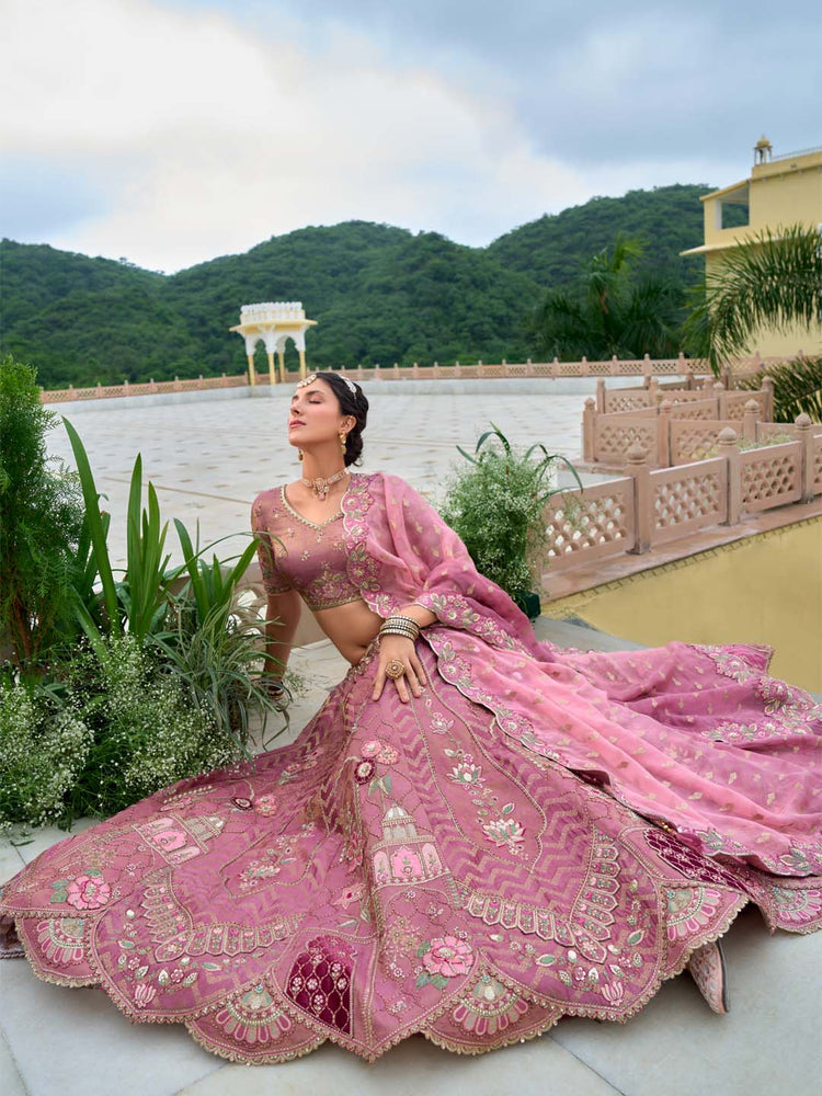 Rose gold Organza fabric Sequins work Semi-Stitched Lehenga choli & Dupatta