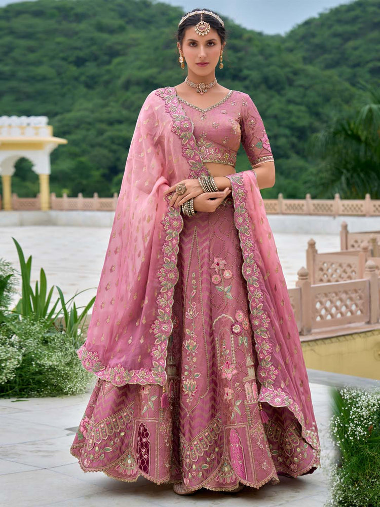 Rose gold Organza fabric Sequins work Semi-Stitched Lehenga choli & Dupatta