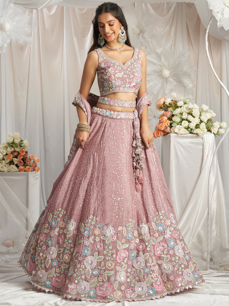 Rose Gold Pure Chiffon Sequins and thread embroidery Semi-Stitched Lehenga choli & Dupatta