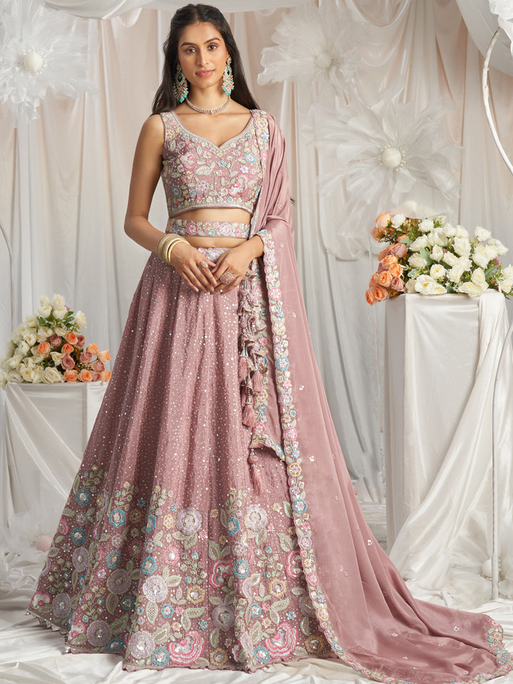 Rose Gold Pure Chiffon Sequins and thread embroidery Semi-Stitched Lehenga choli & Dupatta