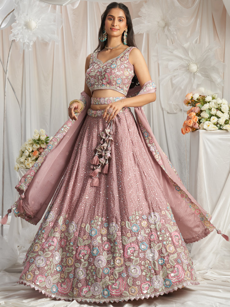 Rose Gold Pure Chiffon Sequins and thread embroidery Semi-Stitched Lehenga choli & Dupatta
