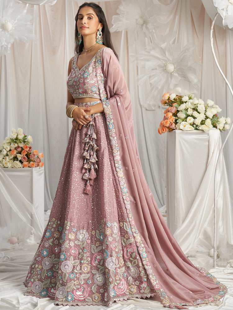 Rose Gold Pure Chiffon Sequins and thread embroidery Semi-Stitched Lehenga choli & Dupatta