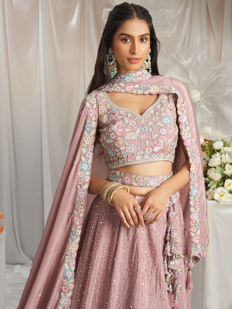 Rose Gold Pure Chiffon Sequins and thread embroidery Semi-Stitched Lehenga choli & Dupatta