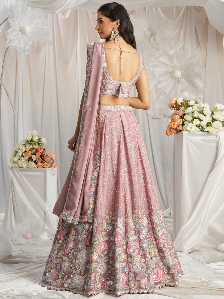 Rose Gold Pure Chiffon Sequins and thread embroidery Semi-Stitched Lehenga choli & Dupatta