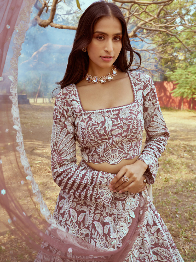 Rose Gold Pure Satin Sequins embroidery Semi-Stitched Lehenga choli & Dupatta