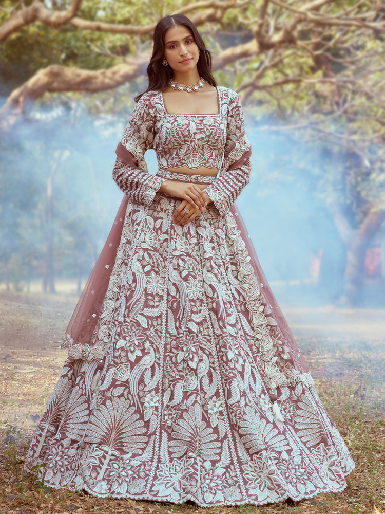 Rose Gold Pure Satin Sequins embroidery Semi-Stitched Lehenga choli & Dupatta
