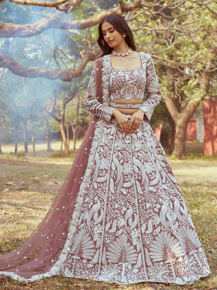 Rose Gold Pure Satin Sequins embroidery Semi-Stitched Lehenga choli & Dupatta