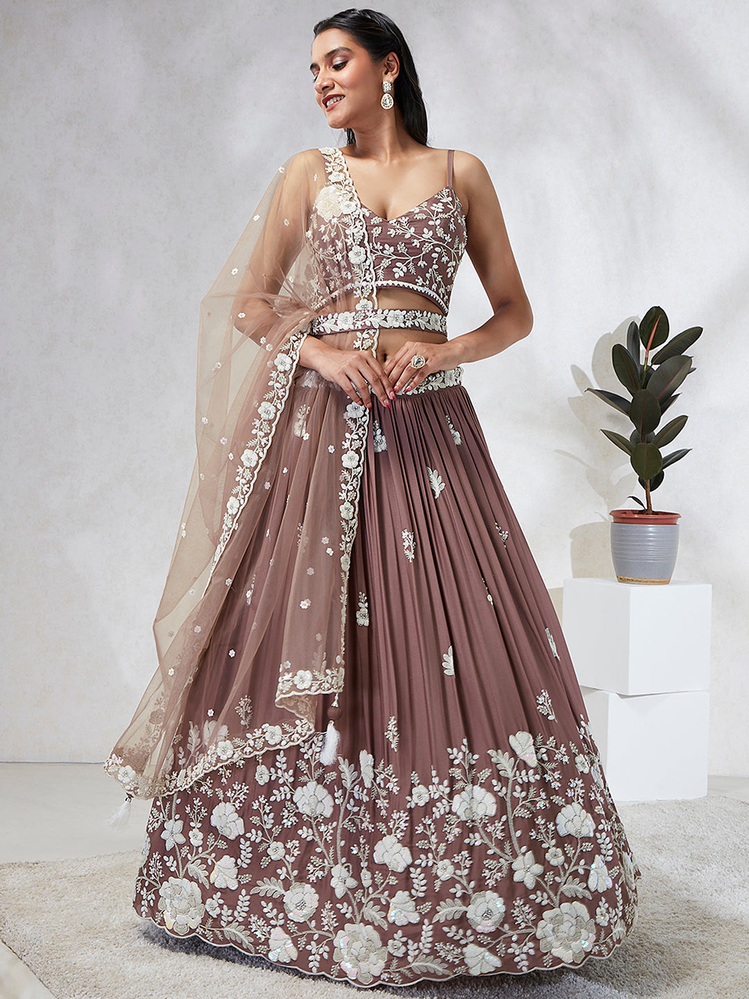 Rose Gold Sequinned Lehenga Choli Set - Embroidered Elegance