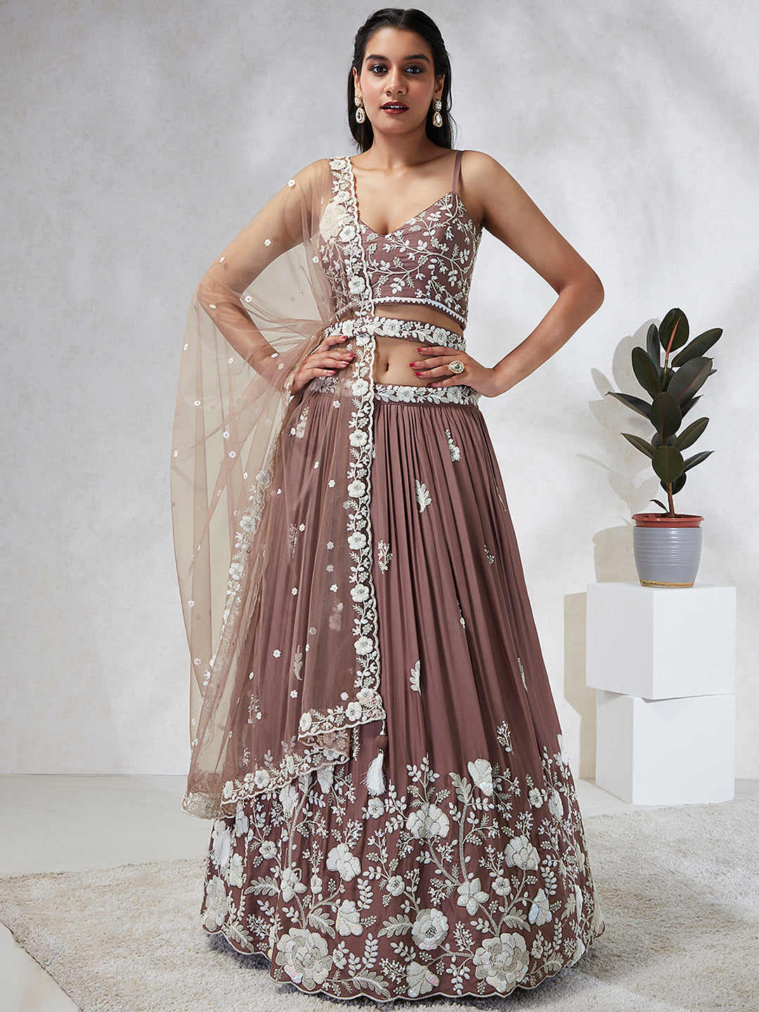 Rose Gold Sequinned Lehenga Choli Set - Embroidered Elegance