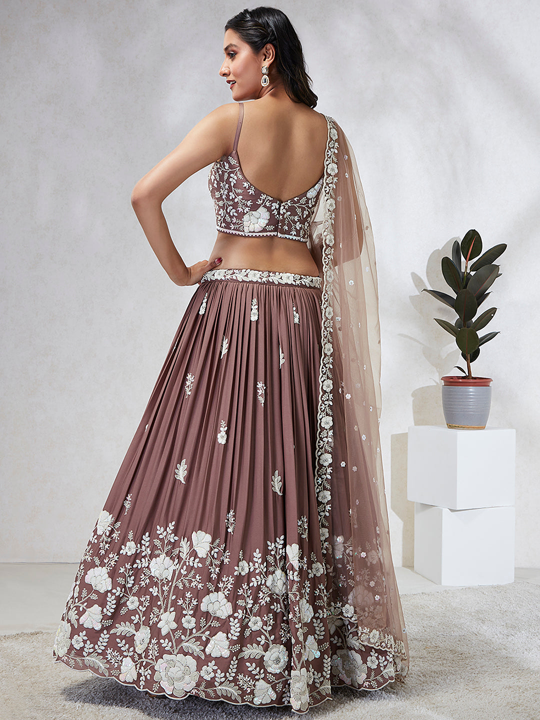 Rose Gold Sequinned Lehenga Choli Set - Embroidered Elegance