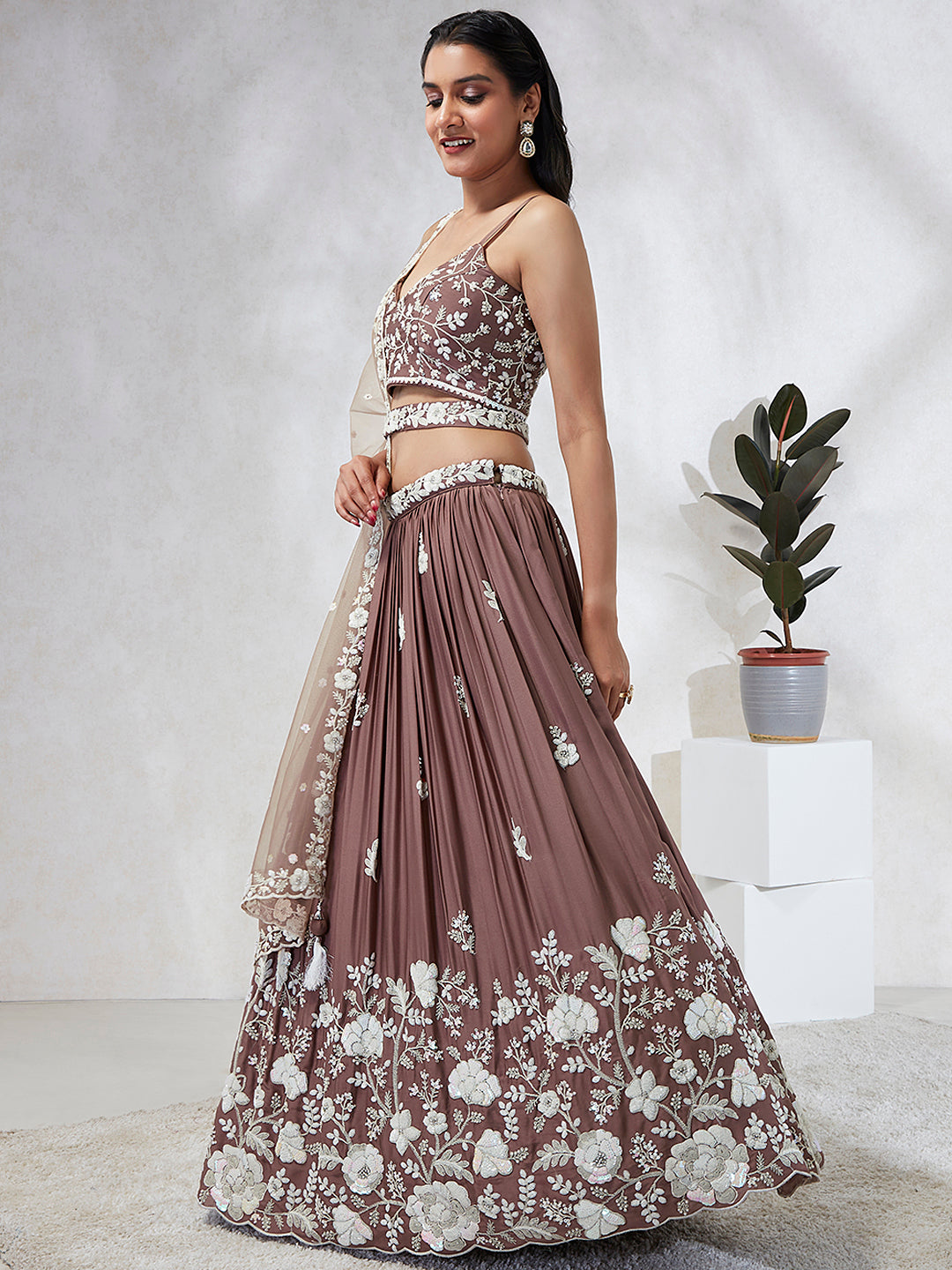 Rose Gold Sequinned Lehenga Choli Set - Embroidered Elegance