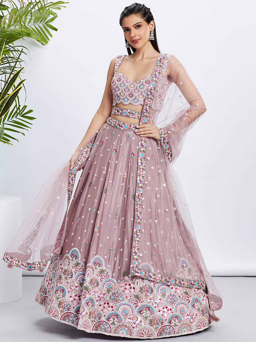 Rose Gold Shimmer Mauve Sequined & Embroidered Semi-Stitched Lehenga Choli Set