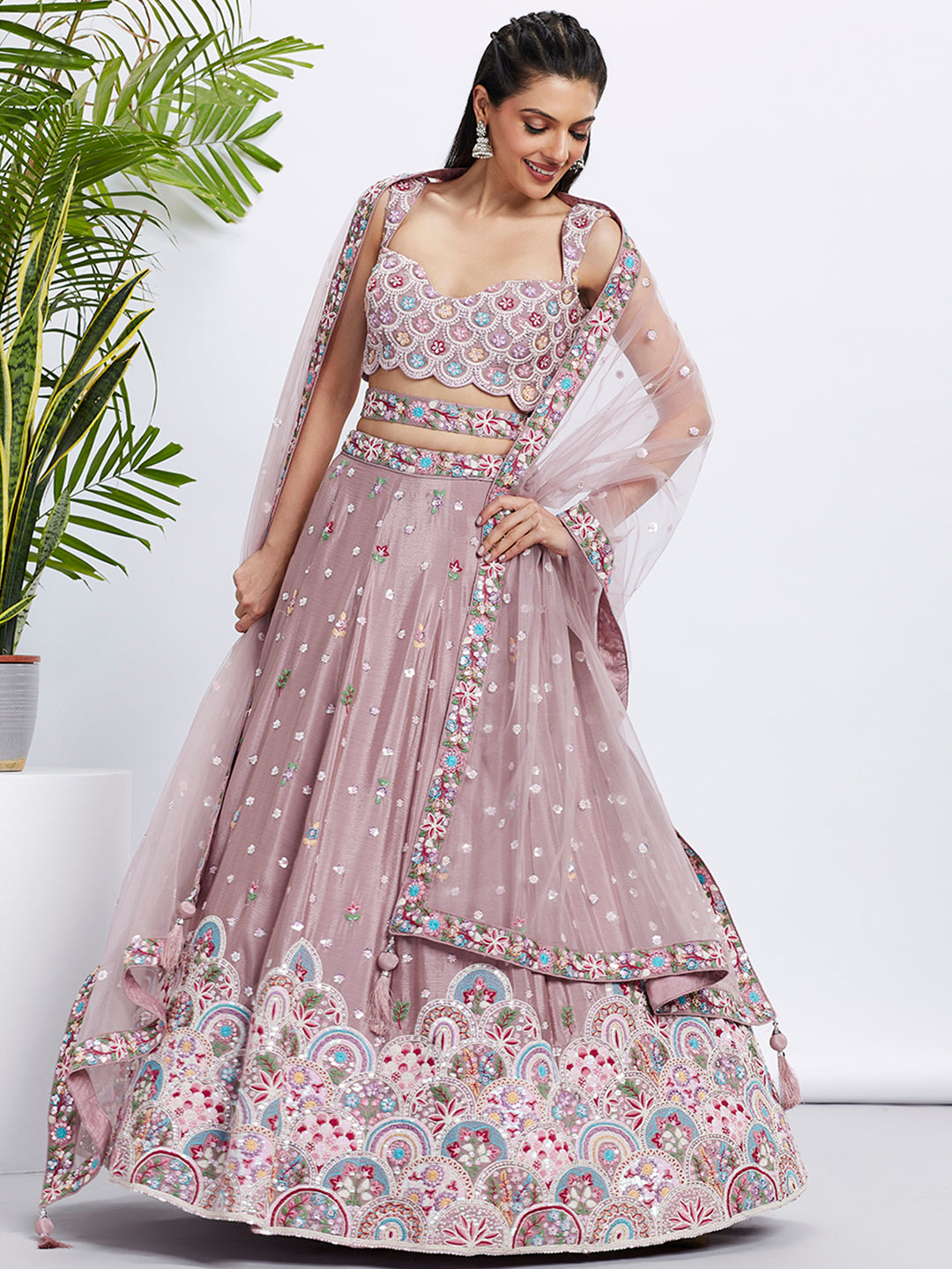 Rose Gold Shimmer Mauve Sequined & Embroidered Semi-Stitched Lehenga Choli Set