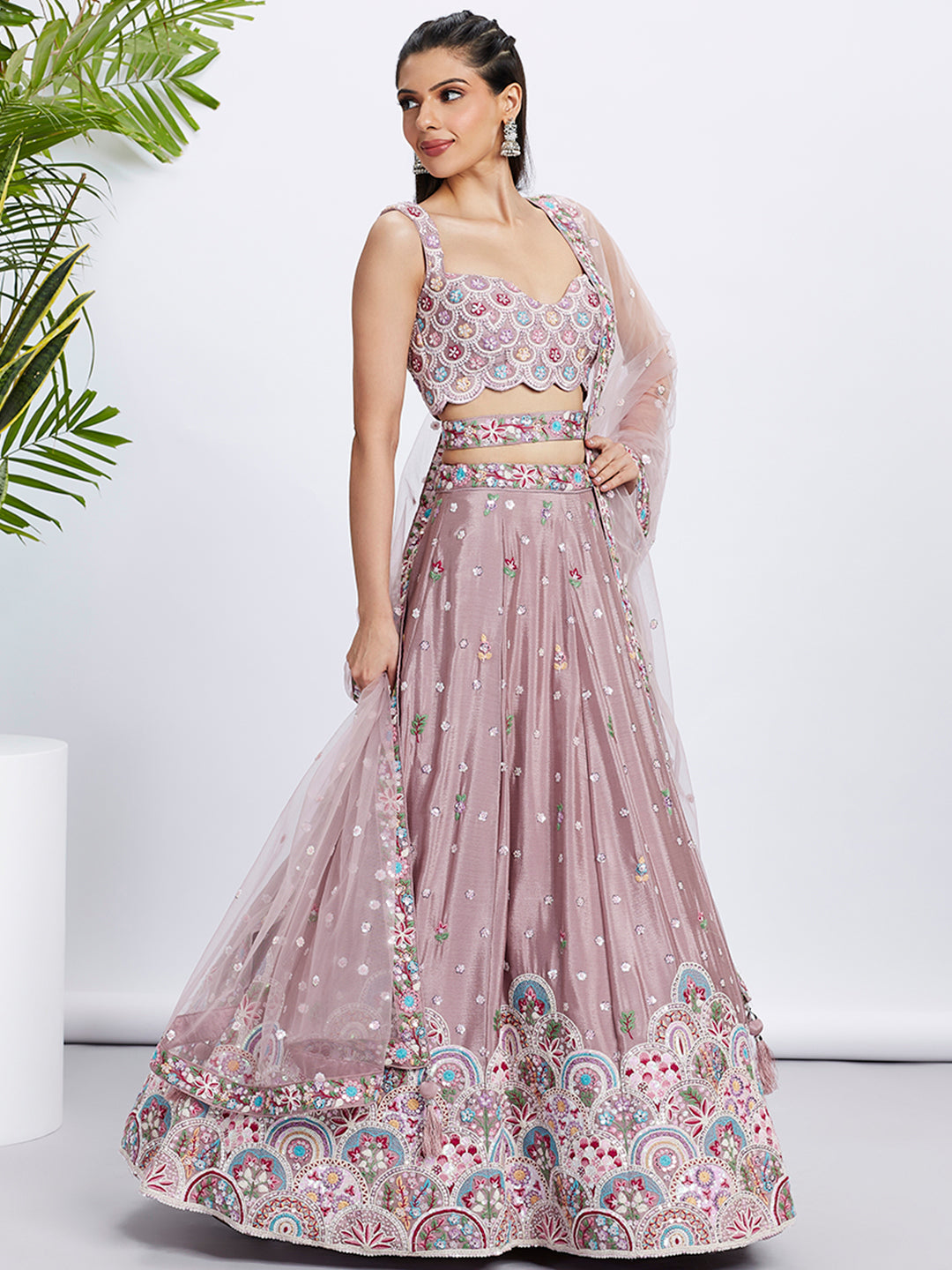 Rose Gold Shimmer Mauve Sequined & Embroidered Semi-Stitched Lehenga Choli Set