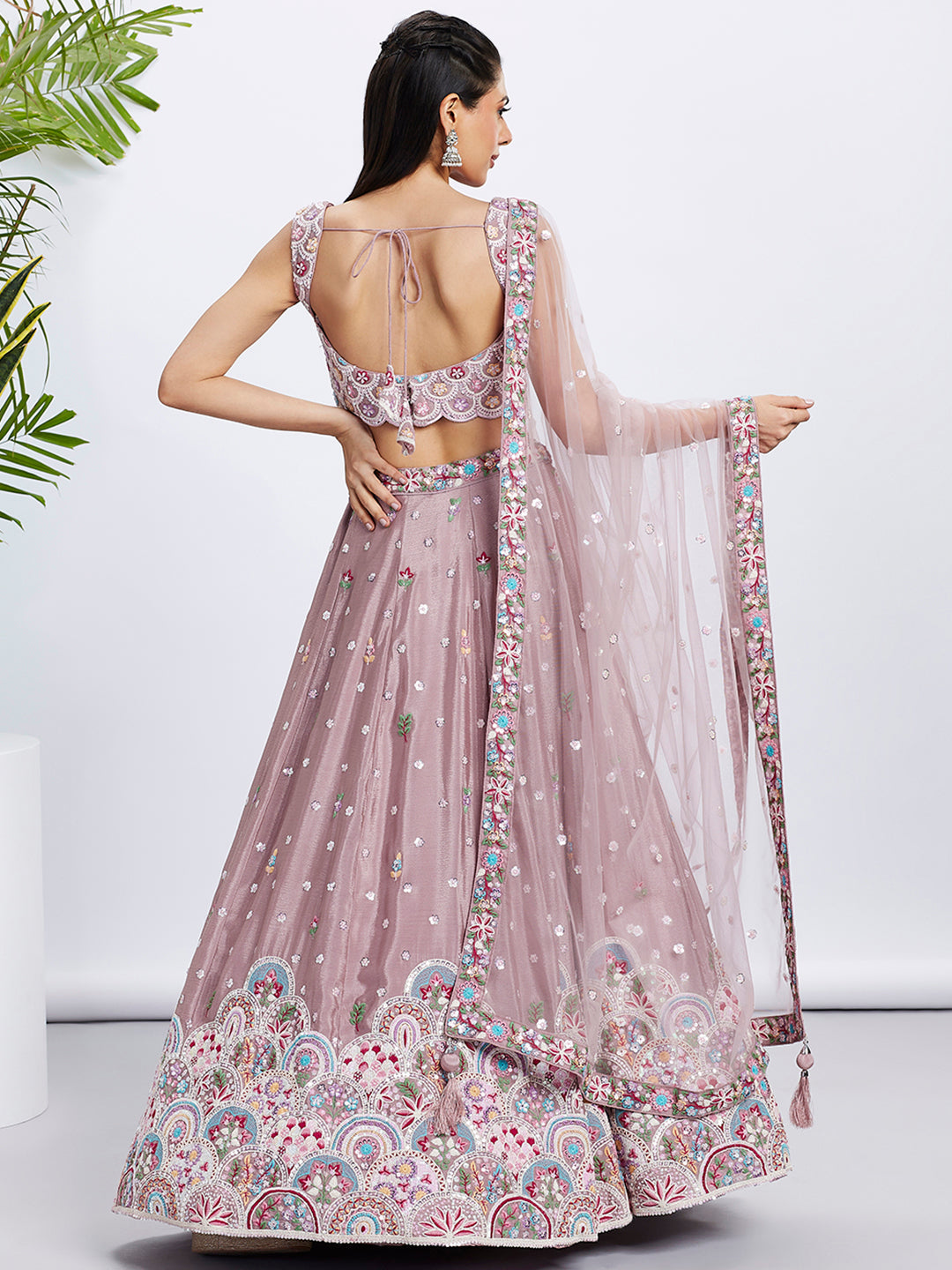 Rose Gold Shimmer Mauve Sequined & Embroidered Semi-Stitched Lehenga Choli Set