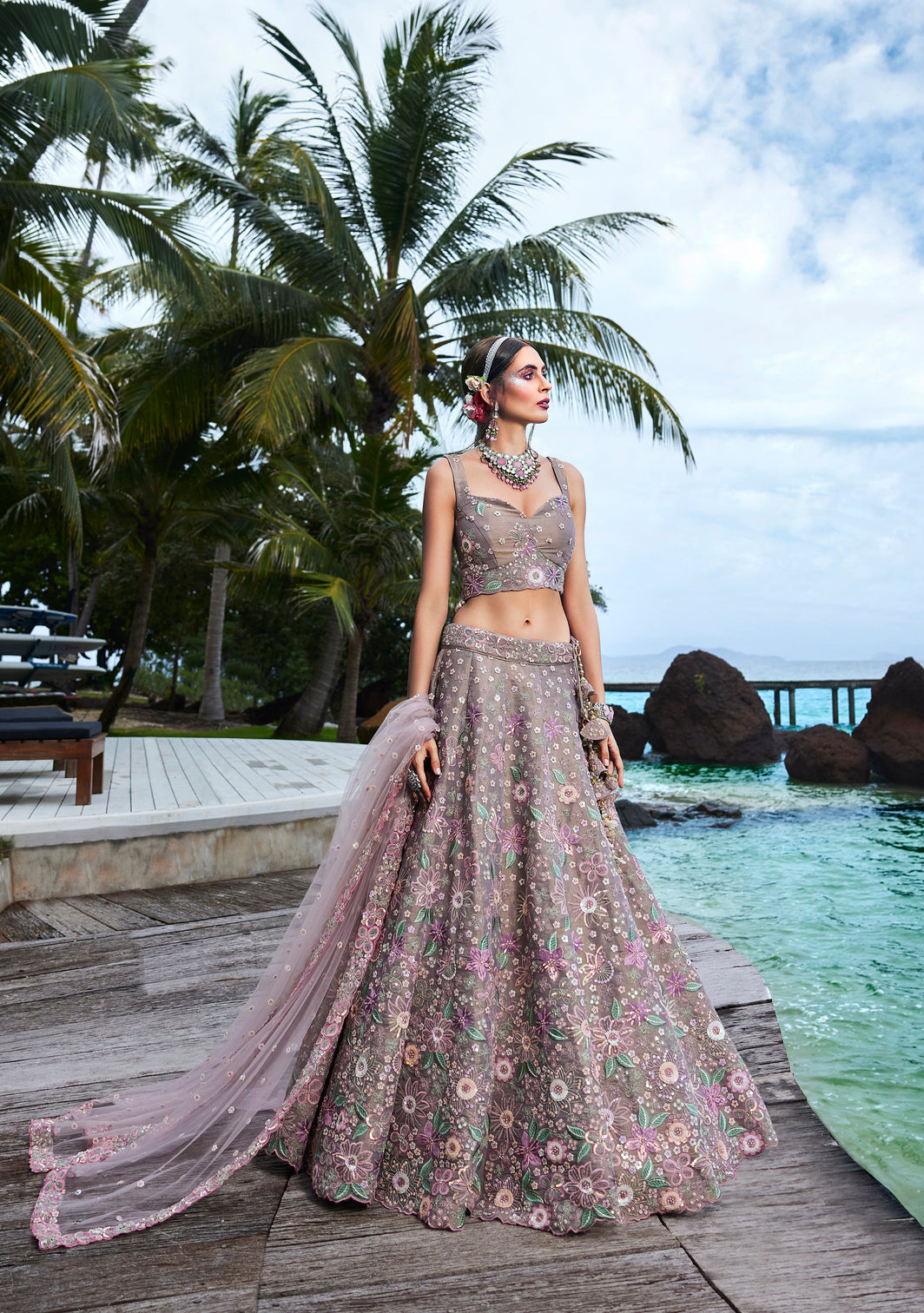 Rose gold Toned Organza Sequins & Zarkan embroidery Semi-Stitched Lehenga choli & Dupatta