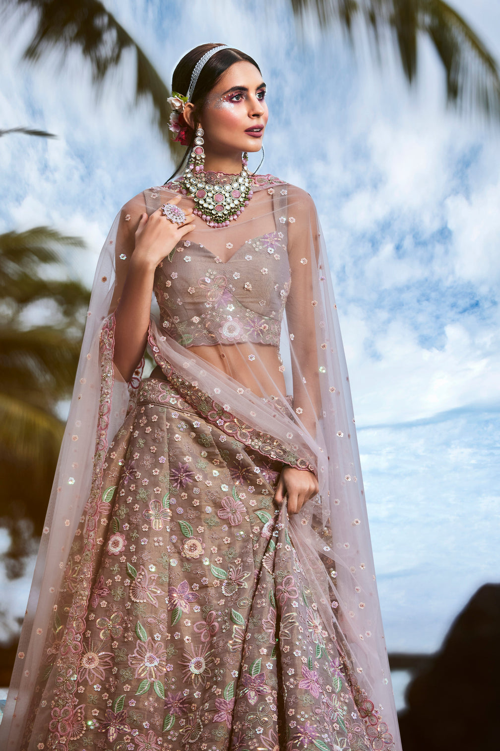 Rose gold Toned Organza Sequins & Zarkan embroidery Semi-Stitched Lehenga choli & Dupatta