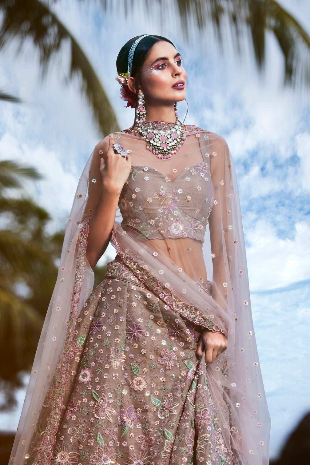 Rose gold Toned Organza Sequins & Zarkan embroidery Semi-Stitched Lehenga choli & Dupatta