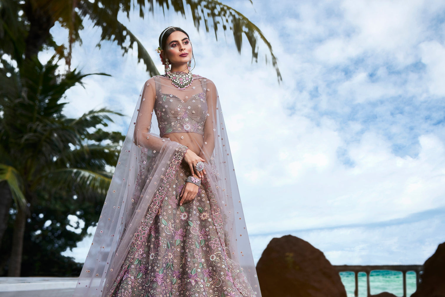 Rose gold Toned Organza Sequins & Zarkan embroidery Semi-Stitched Lehenga choli & Dupatta