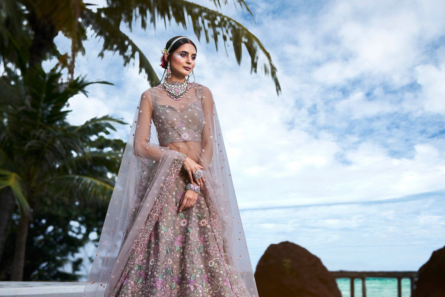 Rose gold Toned Organza Sequins & Zarkan embroidery Semi-Stitched Lehenga choli & Dupatta