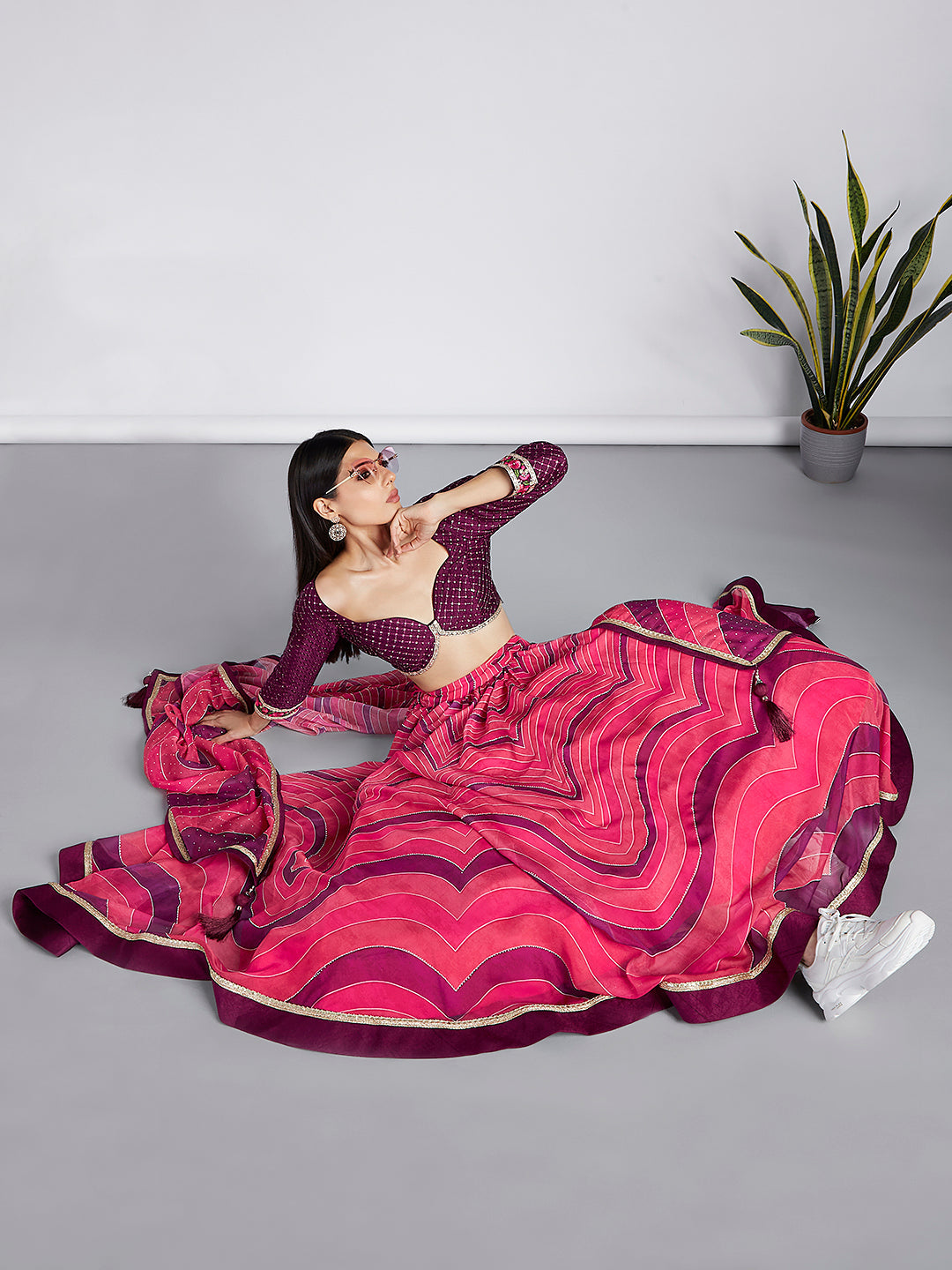 Rose Organza siroski stone work Leheriya print Semi-Stitched Lehenga choli & Dupatta