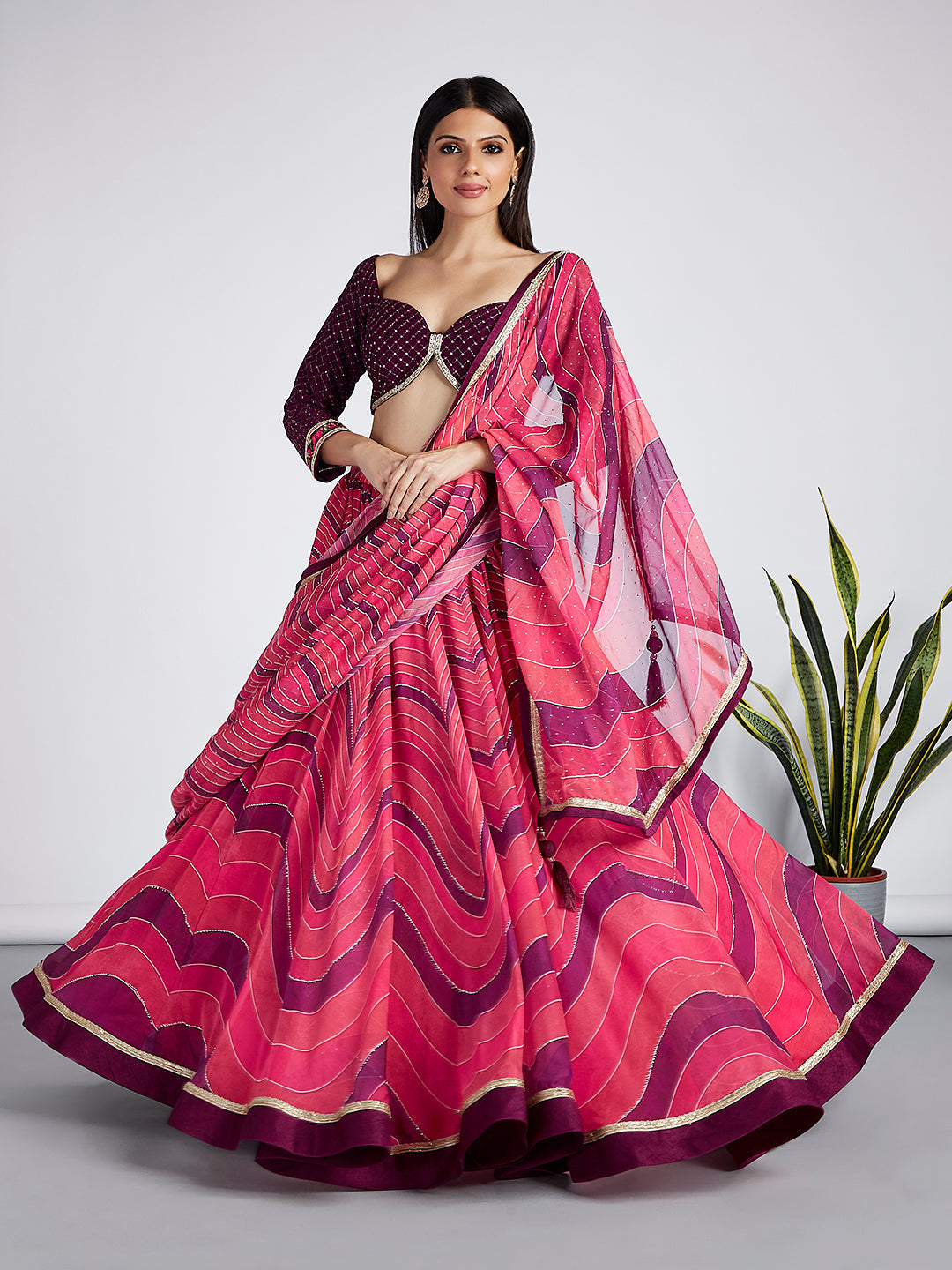 Rose Organza siroski stone work Leheriya print Semi-Stitched Lehenga choli & Dupatta