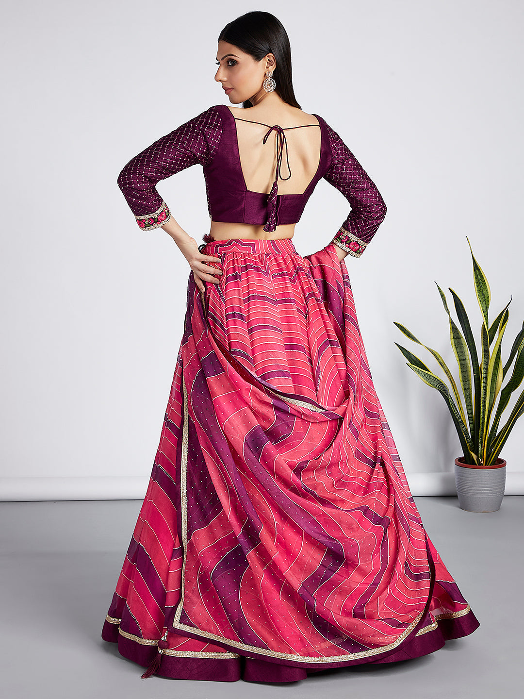 Rose Organza siroski stone work Leheriya print Semi-Stitched Lehenga choli & Dupatta