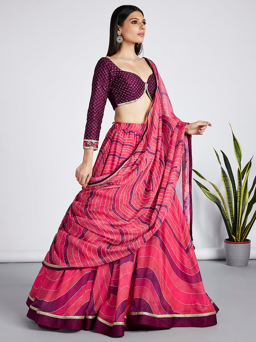 Rose Organza siroski stone work Leheriya print Semi-Stitched Lehenga choli & Dupatta