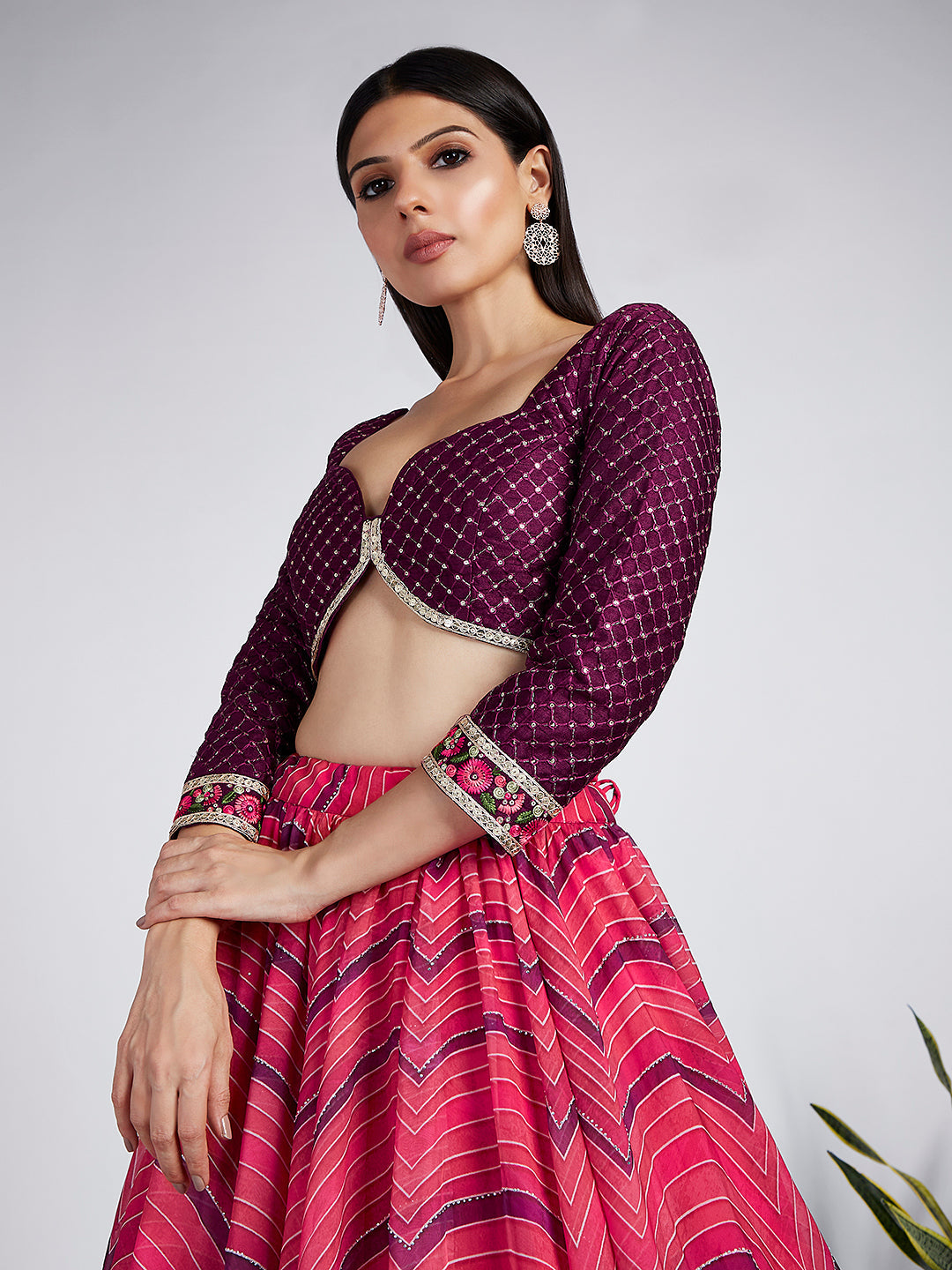 Rose Organza siroski stone work Leheriya print Semi-Stitched Lehenga choli & Dupatta