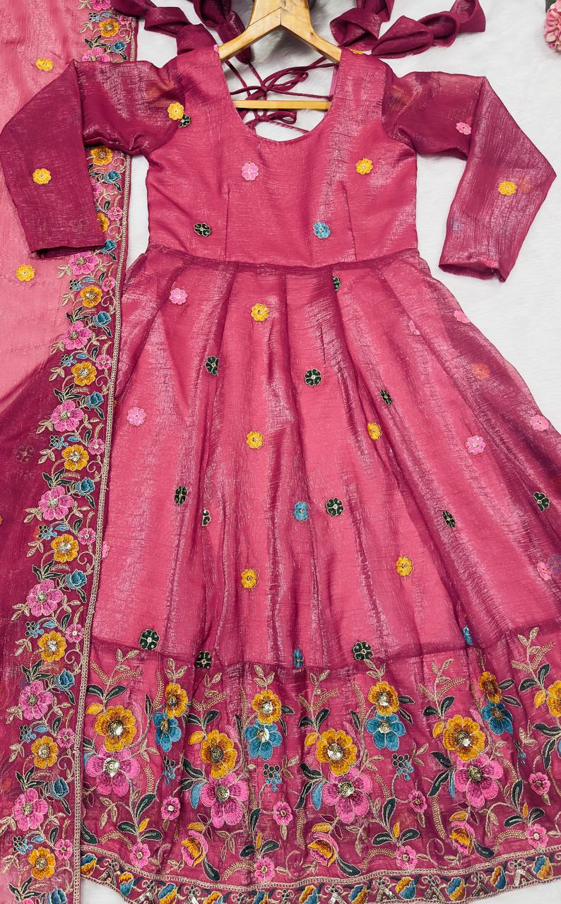 Rose Pink Designer Soft Crunchy Silk Embroidered Gown Set with Sequins Work & Matching Dupatta – Fully Stitched Festive & Party Wear