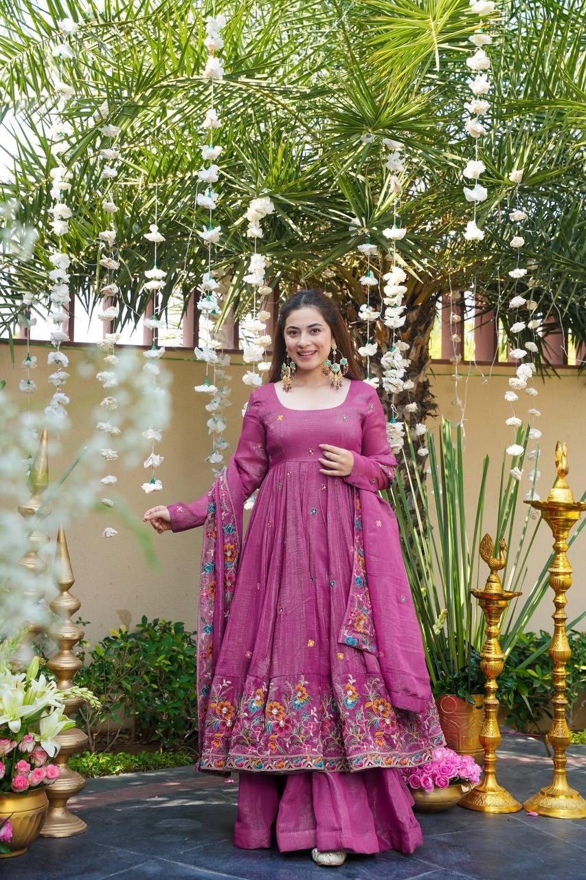 Rose Pink Designer Soft Crunchy Silk Embroidered Gown Set with Sequins Work & Matching Dupatta – Fully Stitched Festive & Party Wear