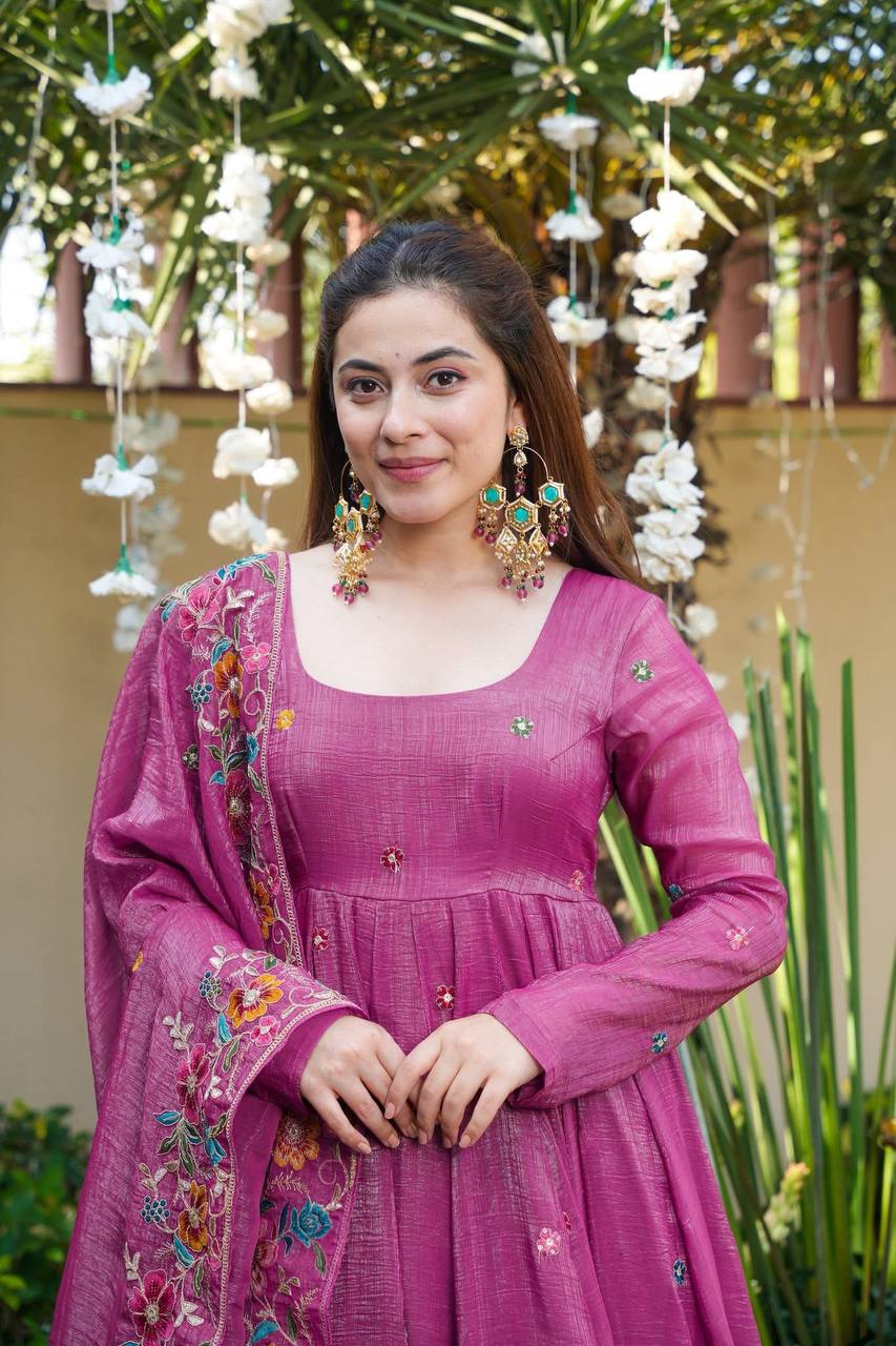 Rose Pink Designer Soft Crunchy Silk Embroidered Gown Set with Sequins Work & Matching Dupatta – Fully Stitched Festive & Party Wear