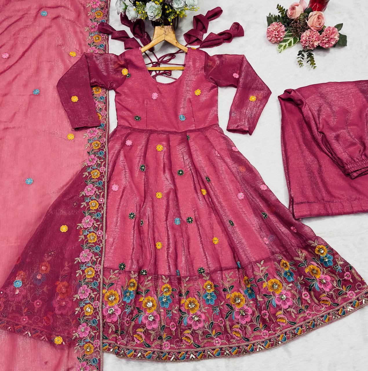 Rose Pink Designer Soft Crunchy Silk Embroidered Gown Set with Sequins Work & Matching Dupatta – Fully Stitched Festive & Party Wear