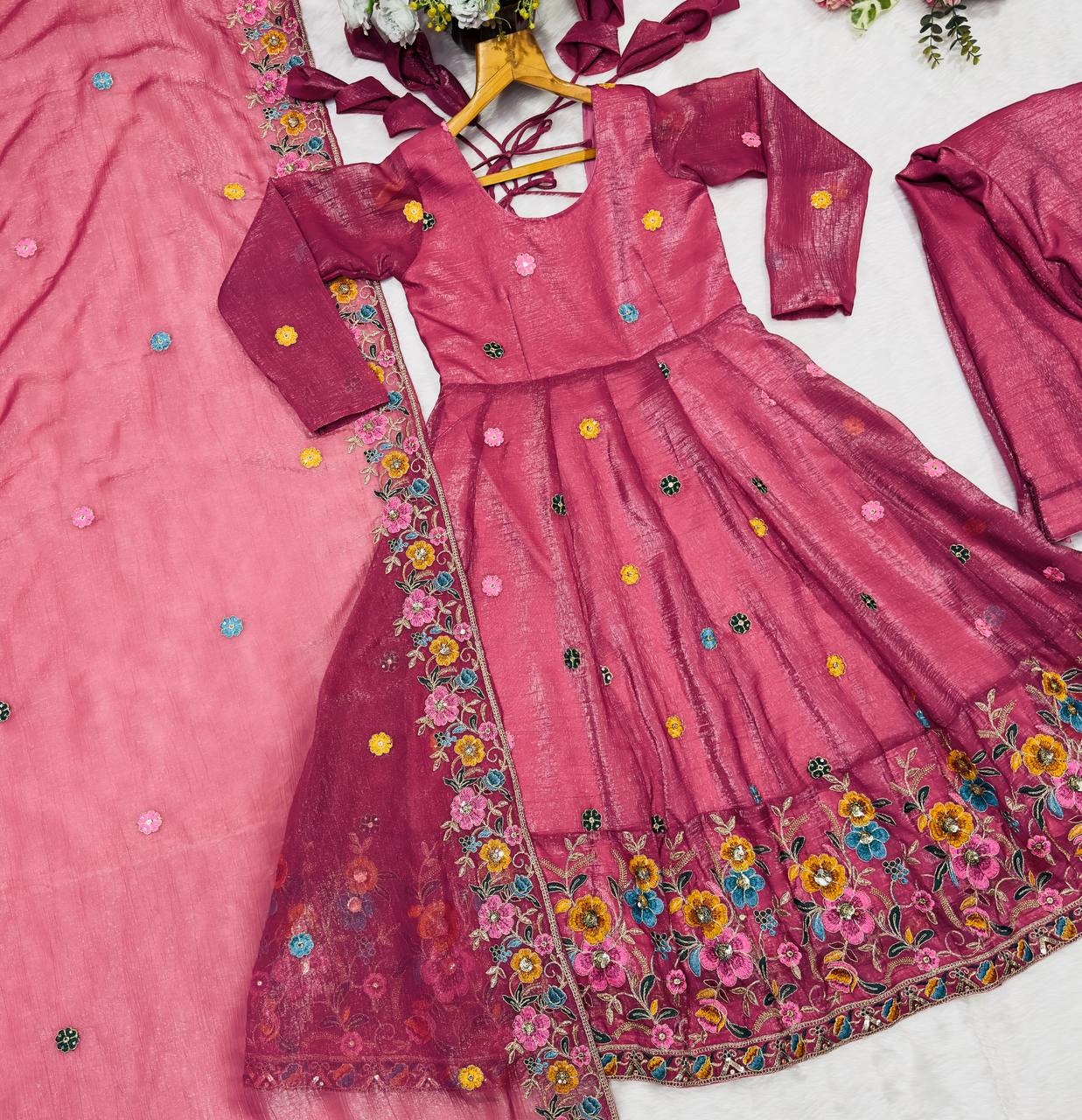 Rose Pink Designer Soft Crunchy Silk Embroidered Gown Set with Sequins Work & Matching Dupatta – Fully Stitched Festive & Party Wear