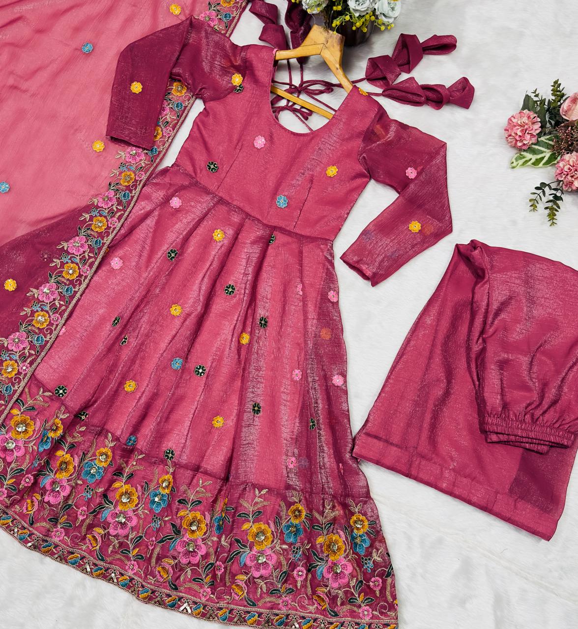 Rose Pink Designer Soft Crunchy Silk Embroidered Gown Set with Sequins Work & Matching Dupatta – Fully Stitched Festive & Party Wear