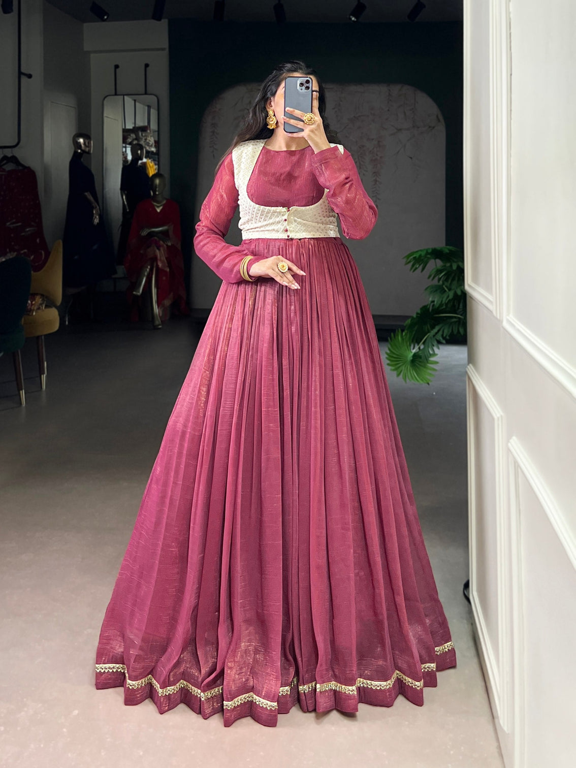 Rose Pink Elegant Silver Glossy Stitched Gown with Embroidered Georgette Koti – Lace & Sequin Detailing
