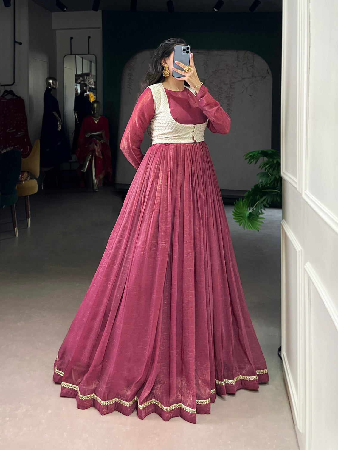 Rose Pink Elegant Silver Glossy Stitched Gown with Embroidered Georgette Koti – Lace & Sequin Detailing