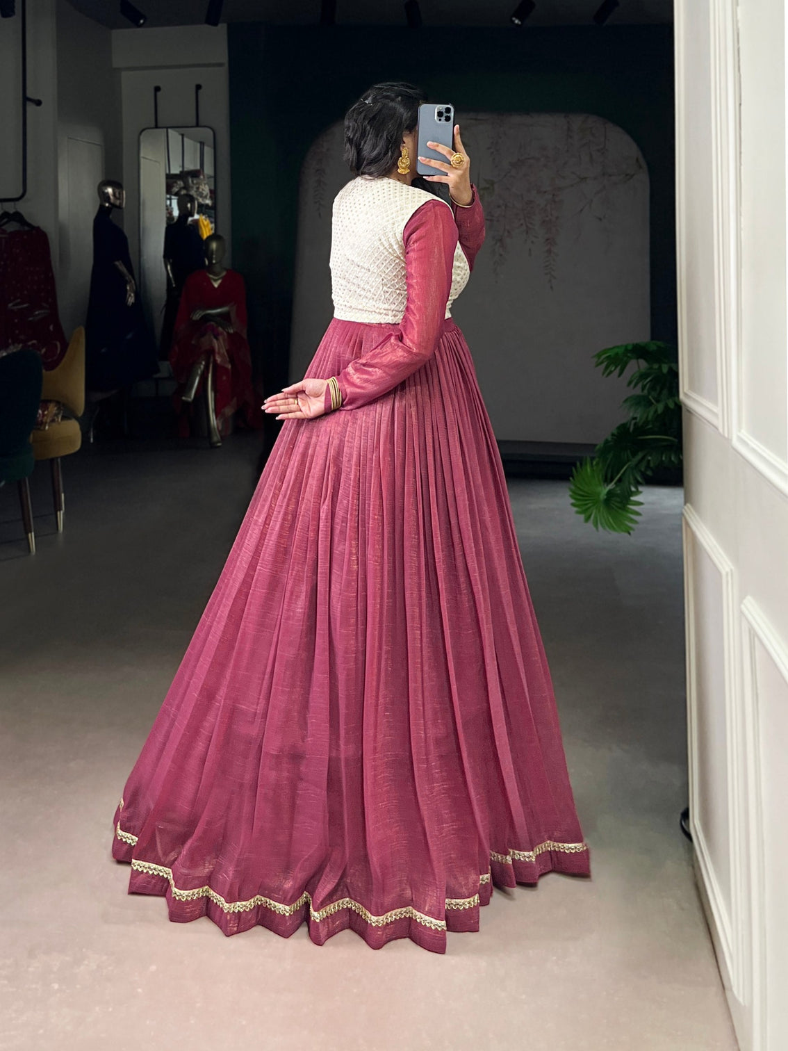 Rose Pink Elegant Silver Glossy Stitched Gown with Embroidered Georgette Koti – Lace & Sequin Detailing
